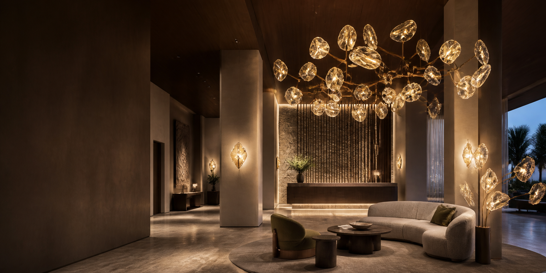 Warm decorative pendant lighting in a hotel lobby